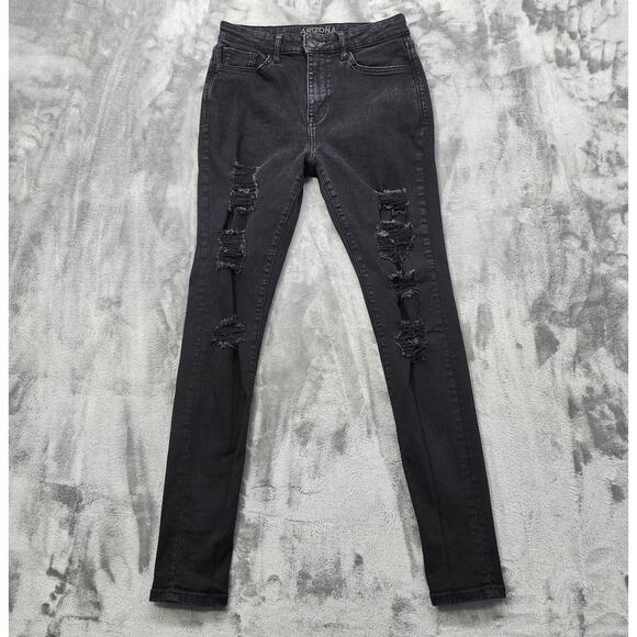 Arizona Jean Co Jeans Womens 7 LONG Black Distressed Ripped High Rise Jegging - Picture 1 of 13